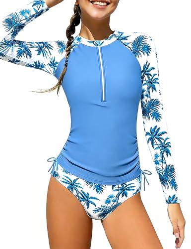 Image of Girls Rash Guard Swimsuits 2 Piece Half-Zip Long Sleeve Color Block Bathing Suits with Ruched Side Swimwear for 7-16Y