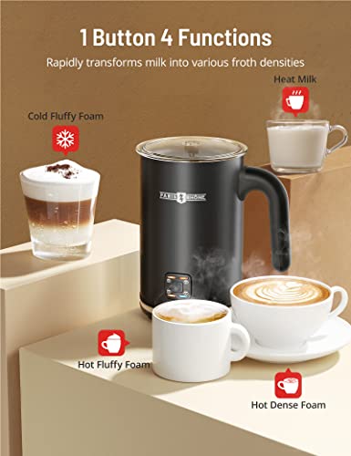 Milk Frothers, 4-in-1 Automatic Warm and Cold Milk Foamer,PARIS RHÔNE Electric Milk Frother and Steamer for Coffee, Milk Warmer, Foam Maker for Latte, Cappuccino, Macchiato (Black)
