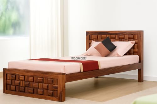 Image of Solid Sheesham Wood Single Bed with Headboard & Footboard | Sturdy Wooden Cot for Bedroom, Hostel & PG | Modern Design Single Wooden Bed Frame (Mattress Not Included) (Honey-3)