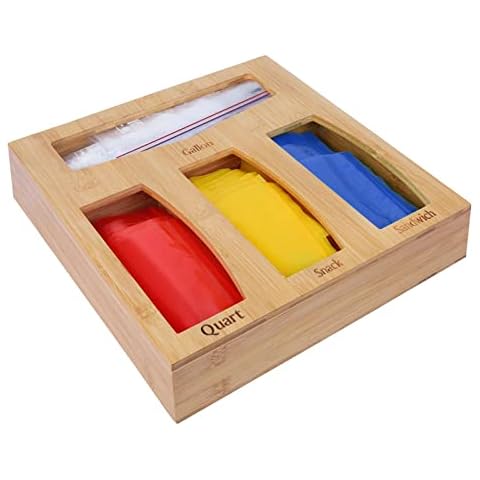 Bamboo Ziplock Bag Storage Organizer & Dispenser Food Storage Bag Holder Designed to Fit Most Kitchen Drawers in the USA Compatible With Gallon, Quart, Sandwich & Snack of Any Ziplock bag Size-Fixed Cover