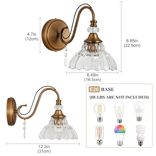 Image of 1 Piece Vintage Wall Sconce, 1-Light Matte Antique Brass Finish Wall Sconce with Hanging Crystal Accents and Flower-Shaped Clear Shades for Bathroom Bedroom Living Room,Vintage Vanity Light