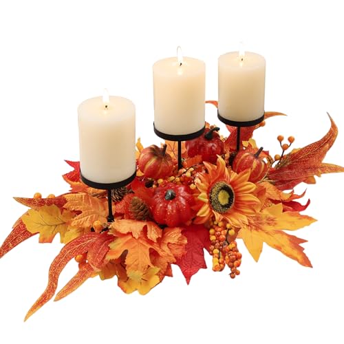 MEETYAMOR Decoraciones de otoño para el hogar, centro de mesa de otoño con 3 portavelas, calabaza, hoja de arce, girasol, para decoración de otoño, portavelas de otoño para el hogar, mesa, cosecha