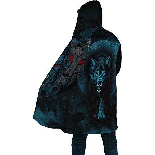 Viking men's mid-length warm thickened parka jacket Fenrir wolf tattoo winter lambswool casual long sleeve hooded jacket (Color : Celtic Wolf H81, Size : X-Large)3