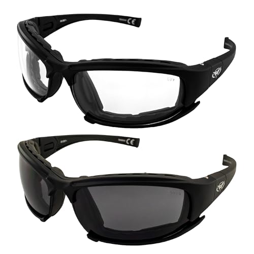 Global Vision Assault Motorcycle Sunglasses Safety Glasses ANSI Z87.1 Convertible to Goggles 2 Pairs Black Frame w/Clear & Smoke Lenses