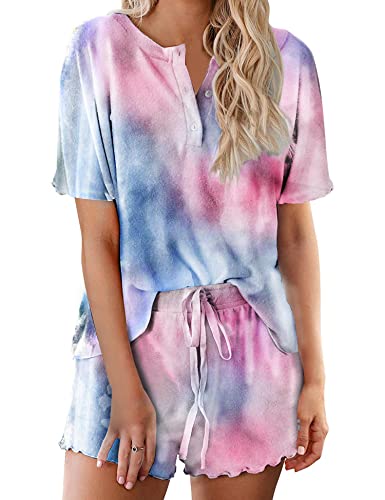 Image of Ekouaer Pajamas Set for Women Short Sleeve Lounge Set 2 Piece Loungewear PJs Soft Cute Lightweight Sleepwear