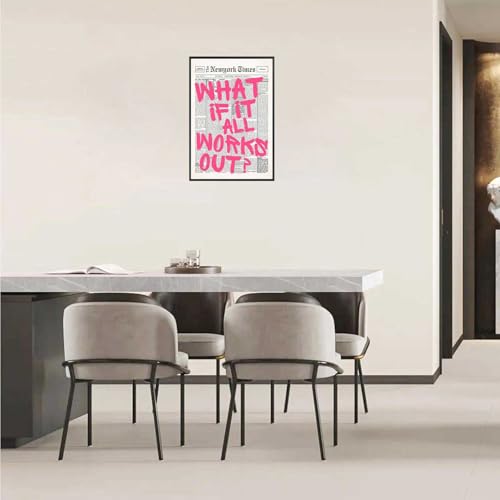Image of Drimiler Retro Newspaper Pink Font Poster What If It All Works Out Canvas Wall Art Positive Affirming Quote Minimalist Prints Painting For Home Bedroom Dorm Wall Decor 16x24in Framed