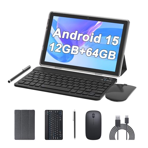 Image of ATOZEE 10 Inch Tablet Android 15 Tablets 2 in 1 Tablet with Keyboard 12GB RAM+64GB ROM(Supports 1TB Expansion) Tableta 2MP+8MP Camera 6000mAh Battery Mouse /Case /Stylus 5G WiFi-6 10.1 inch Android Tablets