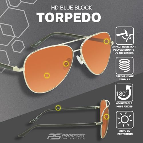 Image of proSPORT Blue Light Blocking Sunglasses - HD Copper Amber Metal Aviator Reduce Eye Strain Better Sleep