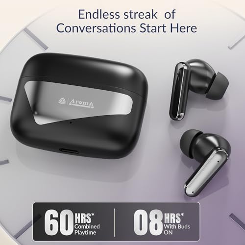 Image of AROMA TWS8 Harmony V5.4 True Wireless Earbuds, Chrome Black | up to 60H Playtime, ENC, Fast Charging, Heavy Bass, Bluetooth