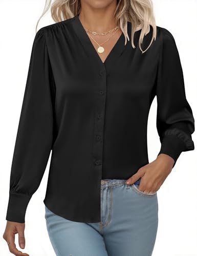 Rapbin Damen Satin Bluse V-Ausschnitt Langarm Blusenshirt Elegant Business Button-Down Hemden Lose Langarmshirt Schwarz