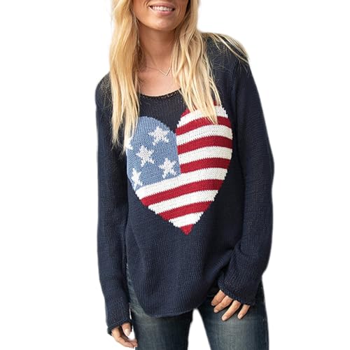 Image of Women American Flag Sweater Loose Vintage USA Sweatshirt Long Sleeve Crewneck Hollow Out 4th of July Jumper