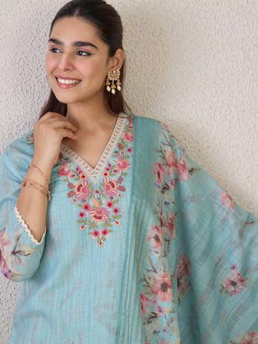 Image of INDO ERA Women's Straight Linen Floral Printed Embroidered Kurta & Pant with Dupatta Set