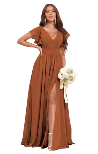 Long Bridesmaid Dresses for Women V Neck Short Sleeve Leg Slit A Line Corset Back Chiffon Maid of Honor Dress