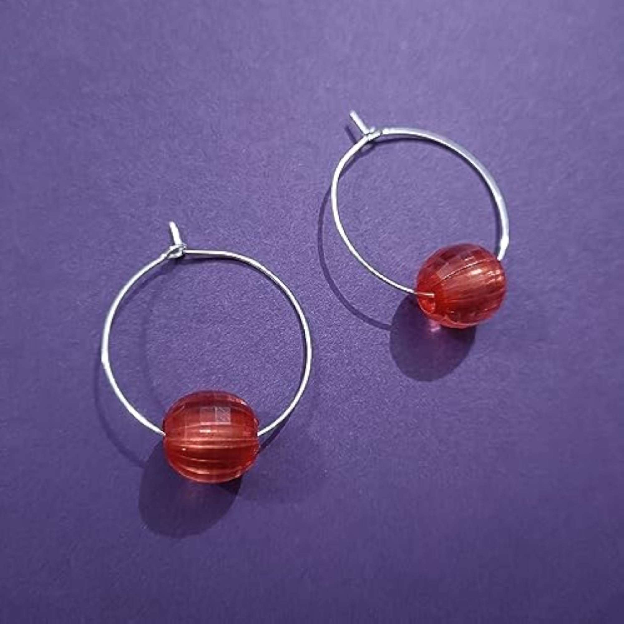 Women's Red Bead Hoop Earrings, Stylish Design