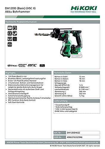 HIKOKI Akku Bohrhammer DH12DD (12V Brushless Motor, RFC Funktion, Low Vibration Handle, Auto-Stopp-Funktion, mit 2 Betriebsarten, im Transportkoffer) – Bild 3