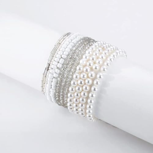 Colorful Bling Women Multilayer Temperament Imitated Pearl Stackable Strand Bracelets Beaded Seed Heart Rhinestone Crystal Stretch Bracelet Wedding Wrist Jewelry-Multi White #TOP1