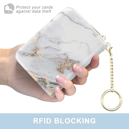 Image of Aiawoxc Credit Card Holder, Small RFID Wallet Slim Leather Card Organizer Case with Zipper and Wristlet Strap, Grey Marble