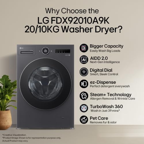 Image of LG 20 Kg(Wash) /10 Kg(Dry), AI DD Technology, Steam+ with Wrinkle Care, 6 Motion DD & Wi-Fi Front Load Fully Automatic Washer Dryer (FDX92010A9K, Digital Dial, Microplastic Care, Pet Care, Matte Black)
