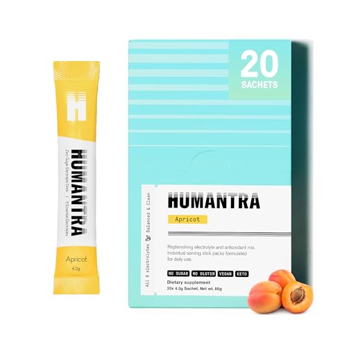 Humantra Electrolytes Powder - Apricot Flavor 20ct - Powdered Hydration Sachets - Plant-Based Electrolyte with 6 Electrolytes - Vegan Sugar Free Gluten Free