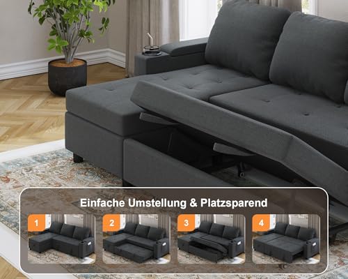 Devoko Ecksofa mit Schlaffunktion und Bettkasten L-Form Sofa 3-Sitzer Ausziehbares Schlafsofa Leinen Couch Kleines Schlafcouch für Wohnung und Wohnzimmer, Dunkelgrau