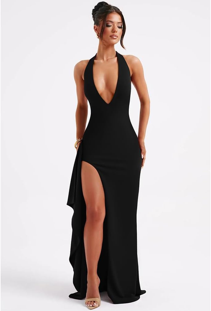 LAGSHIAN Women's Sexy Deep V Neck Halter High Split Backless Cocktail Party Formal Maxi Dress - Image 4
