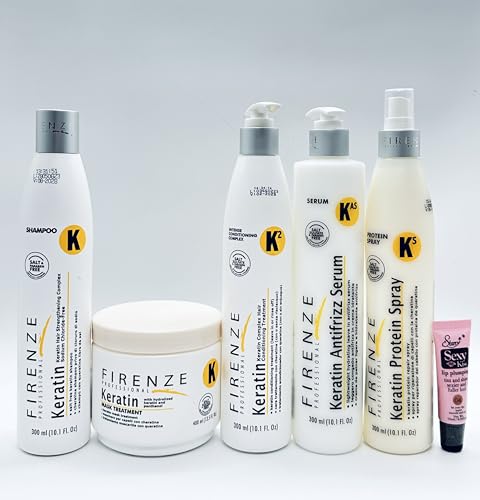 Firenze Professional Keratin Kit: Shampoo 10.1fl oz Mask 13.5 Fl oz Intense Conditioning complex 10.1 Fl oz Anti-Frizz Serum 10.14 fl oz & Protein Spray 10.1 Fl Oz - Free Starry Lip Gloss 10ml