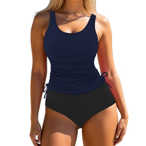 Traje de baño de Dos Piezas con Lazos Ajustables, Bikini de Cintura Alta, Tankini, Parte Superior e Inferior, para Playa y Piscina (Navy, M)