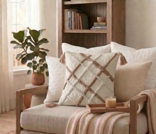 Furnistitchs Boho Embroidered Cushion Cover 40x40 cms | Handmade Heavy Decorative Throw Pillow Case | Aesthetic Sofa Cushion Cover for Living Room & Bedroom (2, Beige Cross, 16x16 inches)