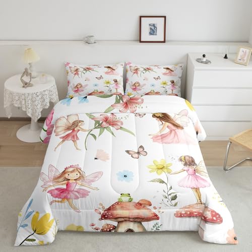 Image of Feelyou Kids Princess Bedding Set Full Size, Fairy Garden Comforter Set Pink Duvet Insert Boys Girls Teens Bedroom Decor 3Pcs