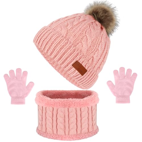 Kids Hat Scarf Gloves Set, Kids Winter Beanie Hat Scarf Gloves Set with Knit Thick Warm Fleece Lined for 1-6 Years Old