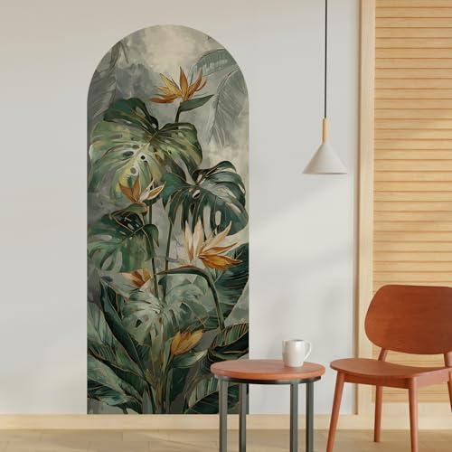 Image of PAPER PLANE DESIGN Tropical Arch Wall Mural - Peel & Stick Banana Leaf & Bird of Paradise Wallpaper - Waterproof Self Adhesive Canvas Texture for Bedroom, Living Room & Entryway, 6ft x 2.5ft (B)