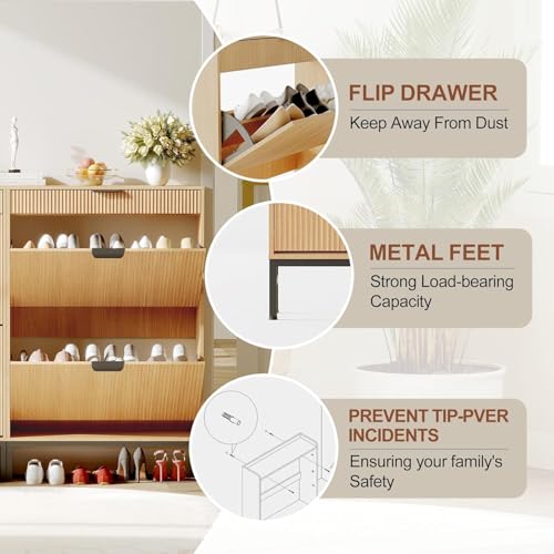Garvee Fluted Shoe Storage Cabinet with 2 Flip Drawers, Slim Wood Shoe Organizer, Narrow Entryway Furniture with Storage for Small Spaces, Hallway Entrance Apartments, Natural