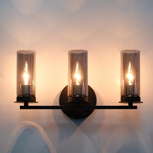 Image of Matte Black Wall Sconce, Farmhouse Vanity Light with Smoked Grey Glass Shade, 16 Inches 3-Light Simple Modern Wall Lamp for Bathroom, Living Room, Hallway, Stairwell (Black, 3-Light)