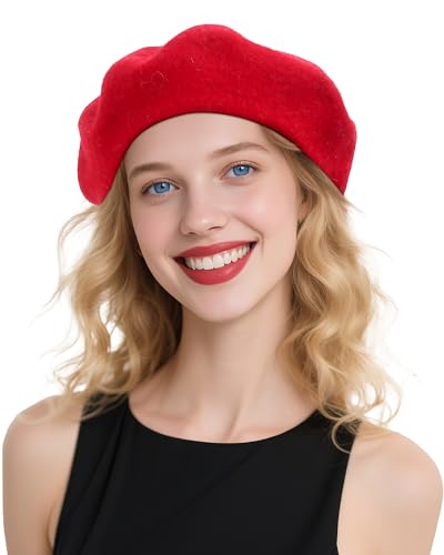 Beret Hats for Women Wool French Style - Spring Hat for Women Girls for Daily Travel & Elegant Outfits -Red Beret Cap