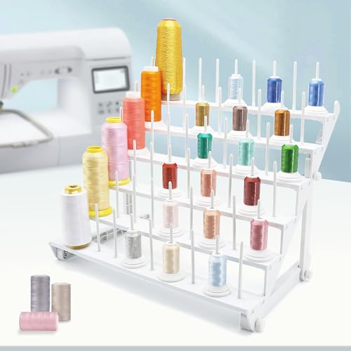 Image of Thread Rack with 60 Spools, Large Thread Stand with Long Pegs, Bright White Plastic Thread Holder for Embroidery, Thread Storage and Hair Braiding STS-60D