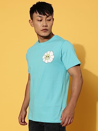 Image of Veirdo Cotton Blue Radiance & Orange Regular Fit Half Sleeve Crew-Neck Printed T-Shirt for Men