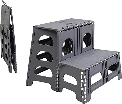 Bee Neat Folding 2 Step Stool for Adults - Collapsible & Foldable Step Ladder for Office, Garage, Closet, Bathroom - Non-Slip & Wide Stepping Stool Supports 300lbs - Industrial - Gray