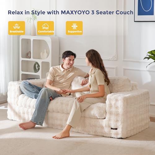 Image of MAXYOYO Loveseat Sofa Couch, Upholstered Bean Bag Chair Cloud Seat for Adults, Boneless Couch with Cushion & Pillows, Sofa in A Box, No Assembly Required, Bubble Beige, 3-Seat
