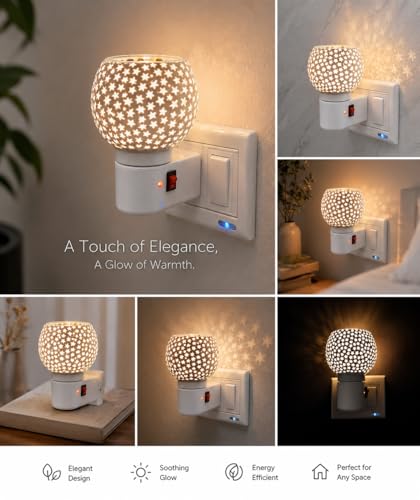 Image of Electric Kapoor Dani with Night Lamp & Camphor Diffuser - Premium Ceramic Dhoop Burner for Pooja, Home & Office. Versatile Electric Aroma Burner for Aromatherapy & Repellent. (Star)