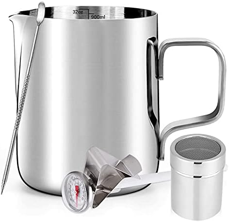 WXJ13 Milk Jug 900ml/32OZ, Stainless Steel Milk Frothing Pitcher, Milk Thermometer with Clip, Powder Shaker with Lid and Latte Art Pen for Hot Chocolate Cappuccino Coffee Latte Art Maker