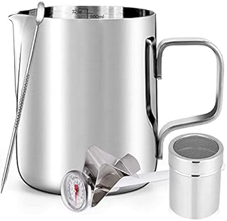 WXJ13 Milk Jug 900ml/32OZ, Stainless Steel Milk Frothing Pitcher, Milk Thermometer with Clip, Powder Shaker with Lid and Latte Art Pen for Hot Chocolate Cappuccino Coffee Latte Art Maker