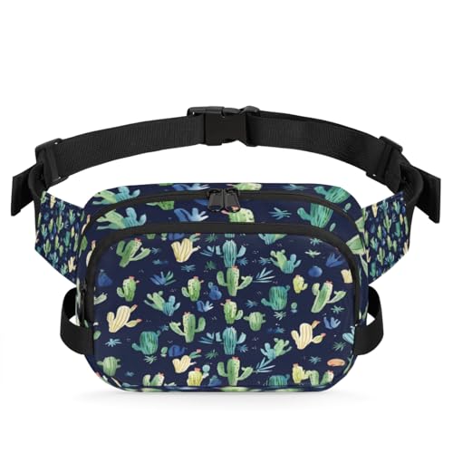 Watercolour Cactus Waterproof Fanny Pack for Women Men Adjustable Waist Bag with Double Zipper Pockets Lightweight Square Hip Pack for Running Travel Hiking Workout Cycling