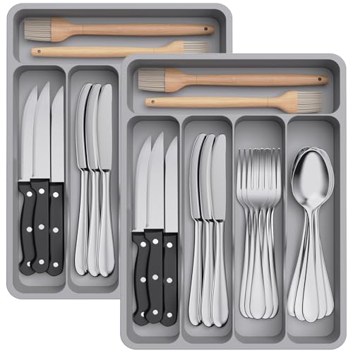 Lifewit 2 Pack Cutlery Drawer Organiser, Plastic Cutlery Tray for Kitchen Drawer, Utensil Flatware Silverware Holder Divider for Spoons Forks Knives Tableware, 5 Compartment, Grey