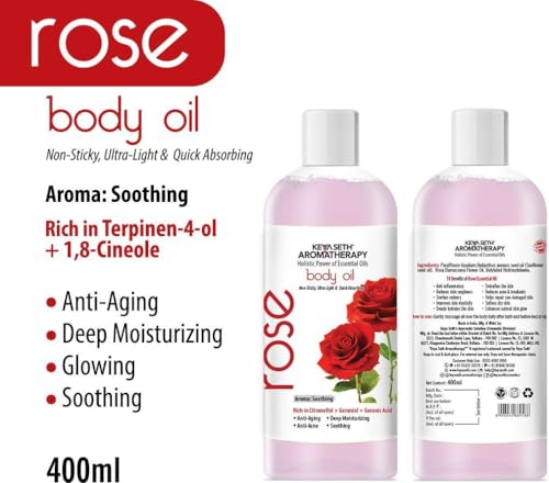 Image of KEYA SETH AROMATHERAPY Rose Body Oil - Deep Moisturising, Anti-Ageing, Soothing For Glowing Skin; Non-Sticky, Quick-Absorbing 400ml