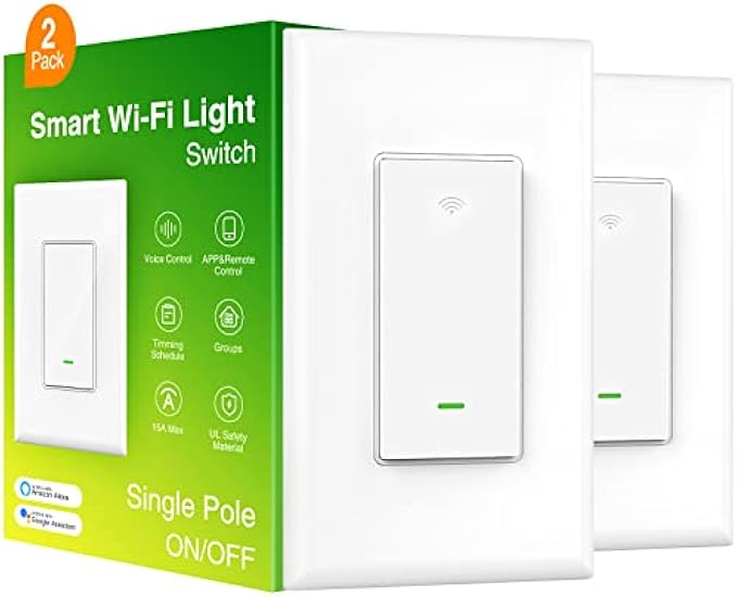 WISEBOT Smart Switch, 2.4Ghz Wi-Fi Smart Switch Works with Alexa, Google Assistant,Needs Neutral Wire,Single-Pole,UL Certified,Remote Control,Schedule, No Hub Required (2 Pack)