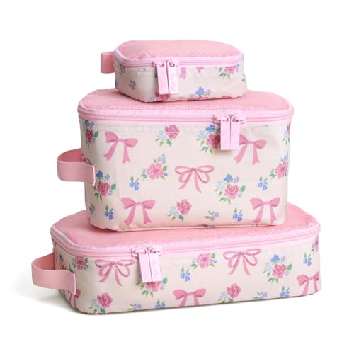 Image of Itzy Ritzy Packing Cubes for Travel – Set of 3 Packing Cubes or Travel Organizers - Each Cube Features a Mesh Top, Double Zippers and a Fabric Handle (Ribbons & Roses)