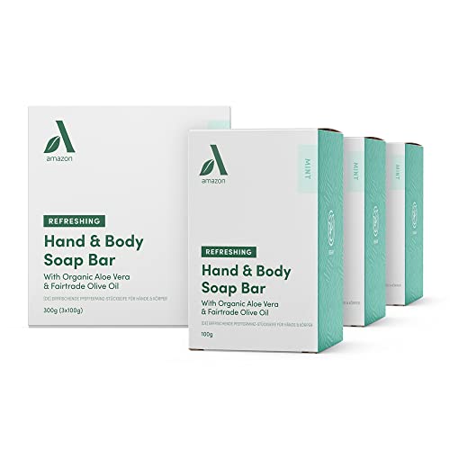 Amazon Aware Jabón de menta refrescante para manos y cuerpo con Áloe vera orgánico y aceite de oliva Fairtrade, 3 pastillas x 100 g