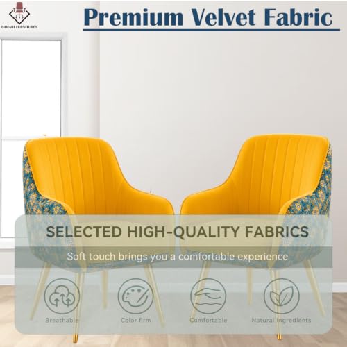 Image of Set of 2 Accent Chair for Living Room | Modern Armchair in Soft Velvet Fabric with Sturdy Legs | Premium Chair for Home Living Room Bedroom Restaurent | (Gold Legs, Yellow Floral)