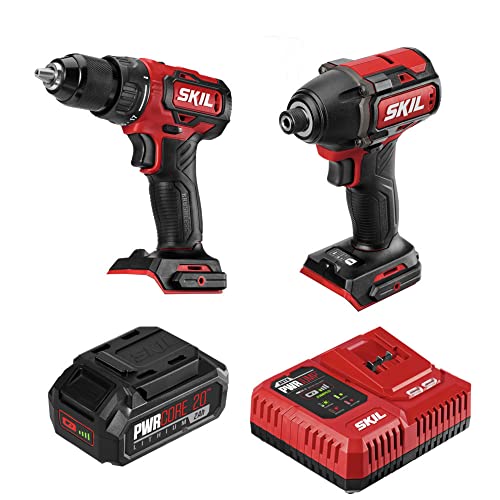 SKIL PWR CORE 20 Brushless 20V Drill Driver & Impact Driver Kit, Includes 2.0Ah Lithium Battery and PWR JUMP Charger - CB743701, Red
