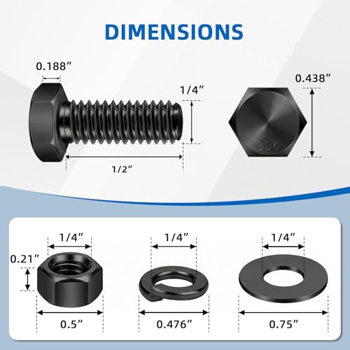 Image of Mellewell 1 /4-20 x 1 /2 inch Hex Head Screws Bolts, Nuts, Flat & Lock Washers, Fully Threaded, Stainless Steel 18-8, Black Finish, 10 Sets